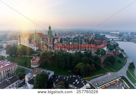 Aerial View Royal Wawel Castle And Gothic Cathedral In Cracow, Poland, With Renaissance Sigismund Ch