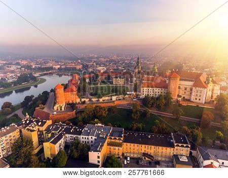 Aerial View Royal Wawel Castle And Gothic Cathedral In Cracow, Poland, With Renaissance Sigismund Ch