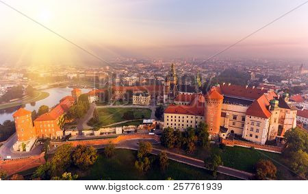 Aerial View Royal Wawel Castle And Gothic Cathedral In Cracow, Poland, With Renaissance Sigismund Ch