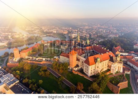 Aerial View Royal Wawel Castle And Gothic Cathedral In Cracow, Poland, With Renaissance Sigismund Ch