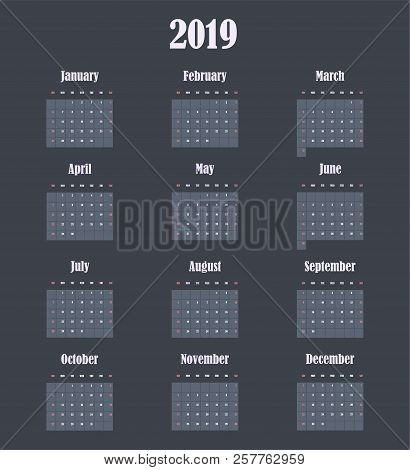 2019 New Year Vector Calendar In Minimal Simple Style On Dark Background. Week Starts In Sunday, Twe