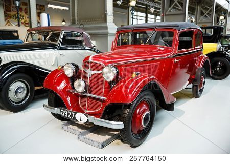 Brussels, Belgium - August 25, 2015 - Autoworld Museum, Old Cars Collection Showing The History Of A