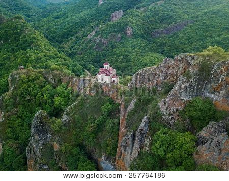 Aerial View From The Drone. Shoininski Temple In The Mountains Of  Karachay Cherkess Republic.