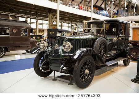Brussels, Belgium - August 25, 2015 - Autoworld Museum, Old Cars Collection Showing The History Of A