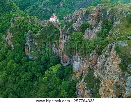 Aerial View From The Drone. Shoininski Temple In The Mountains Of  Karachay Cherkess Republic.