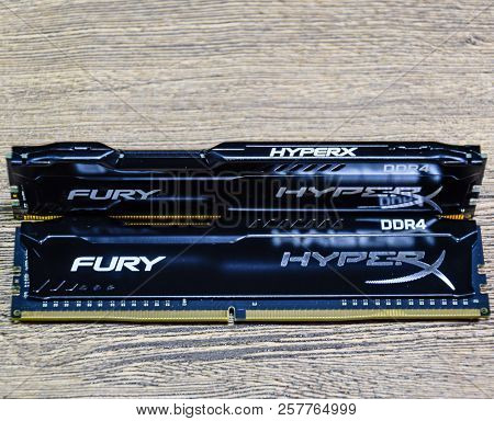 Krasnodar, Russia - September 07, 2018: Ram Kingston Fury On A Wooden Table. Ram With A Radiator. Ov