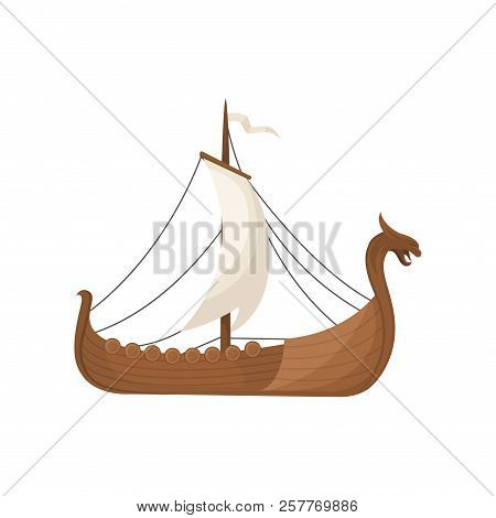 Viking Scandinavian Draccar With Hite Sails, Norman Ship Sailing Vector Illustration On A White Back