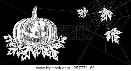 Halloween. 31 October. A Pumpkin With A Carved Terrible Face, Autumn Leaves With Holes, Spiderweb. H