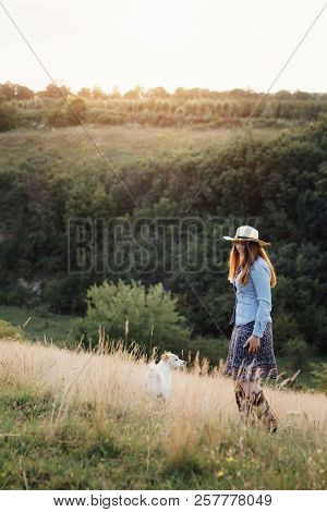 Girl In A Hat Playing With A Dog In The Field At Sunset Sun