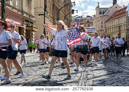 Prague, Czech Republic - July 1, 2018: American Visitors Parading At Sokolsky Slet, A Once-every-six