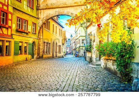 Roderbogen Arch In Rothenburg Ob Der Tauber, Germany At Fall, Retro Toned