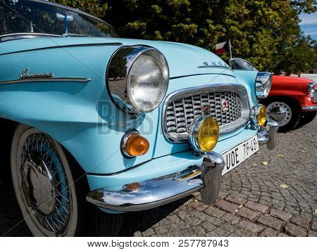 Vysoke Myto, Czech Republic - Sept. 09. 2018. White Leather Interior Of The Historic Cabrio Skoda Fe
