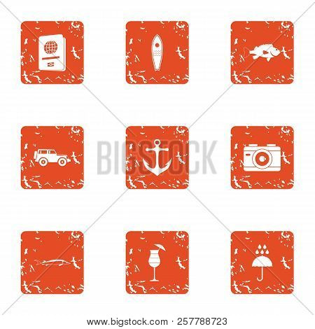 Travel Heartland Icons Set. Grunge Set Of 9 Travel Heartland Icons For Web Isolated On White Backgro