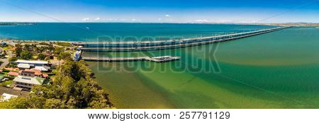 Aerial view of Houghton Bridges, which cross the Bramble Bay connecting the Redcliffe Peninsula and Brigthon