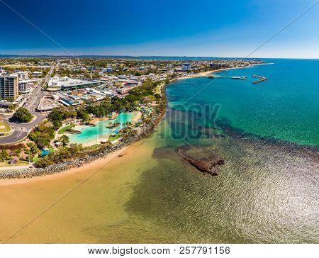 Aerial drone view of Settlement Cove Lagoon, Redcliffe, Brisbane, Australia