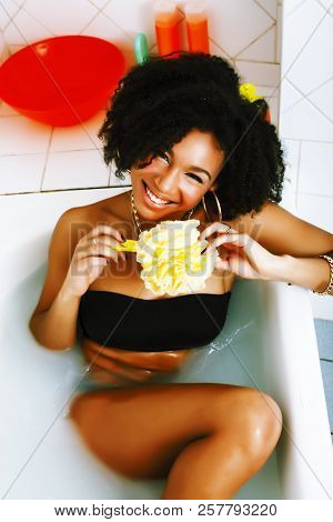 Young Pretty African American Girl Taking Bath With Foam, Lifest