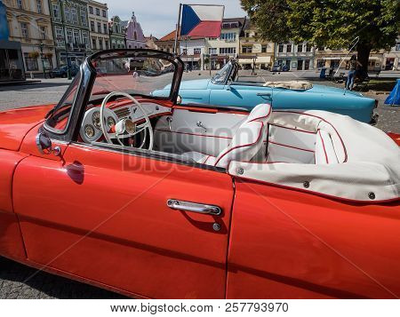 Vysoke Myto, Czech Republic - Sept. 09. 2018. White Leather Interior Of The Historic Cabrio Skoda Fe
