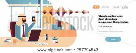 Arabic Businessman Hold Phone Intelligent Voice Personal Assistant Recognition Sound Waves Technolog