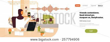 Arabic Businesswoman Hold Phone Intelligent Voice Personal Assistant Recognition Sound Waves Technol