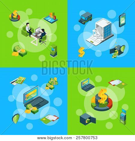 Vector Banner And Poster Isometric Money Flow In Bank Icons Infographic Concept Set Illustration