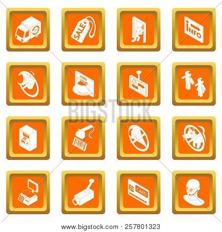 Shop Navigation Foods Icons Set Orange Square Isolated On White Background