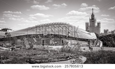 Moscow - June 16, 2018: Modern Amphitheater With Glass Cupola In Zaryadye Park In Moscow, Russia. Za