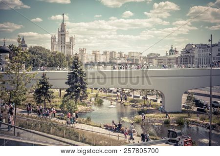 Moscow - June 17, 2018: People Visit The Zaryadye Park With Floating Bridge In Moscow, Russia. Zarya