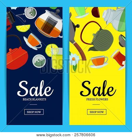 Vector Cartoon Tea Kettles And Cups Web Banner And Poster Templates Illustration