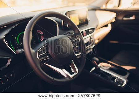 New Car In Showroom. Luxury Leather Interior. Car Dealership