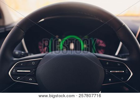 New Car In Showroom. Luxury Leather Interior. Car Dealership