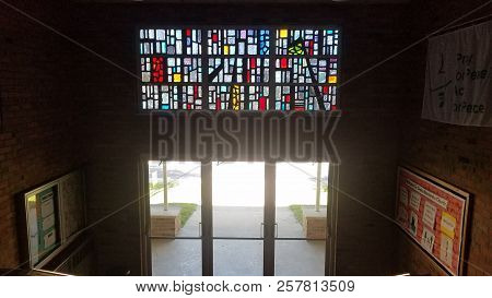 Grace Mennonite Church Front Entrance Foyer Stained Glass Windows Above Doorway, Pandora, Oh, July 8