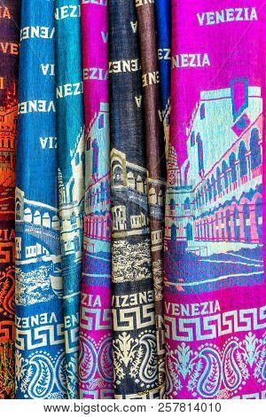 Venice, Italy - September 23, 2018 Colorful Venetian Scarves Textiles Cloths Venice Italy