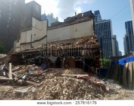 Old Building Being Demolished. Close Up Of A Pile Of Rubble, Old Bricks, Torn Down, Destroyed, Colla