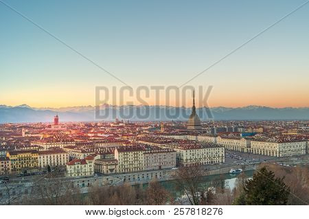 Panorama Of Turin During Sunset With Mole Antonelliana