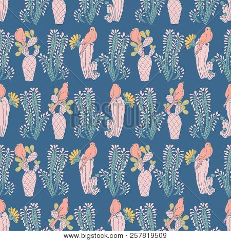 Cute Birds On Cactus Blue Vector Seamless Pattern Background. Perfect For Fabric, Scrapbooking Proje
