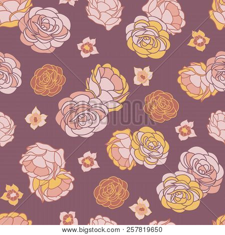 Vector Floral Seamless Pattern With Pink And Yellow Desert Rose Flowers. Perfect For Background, Fab