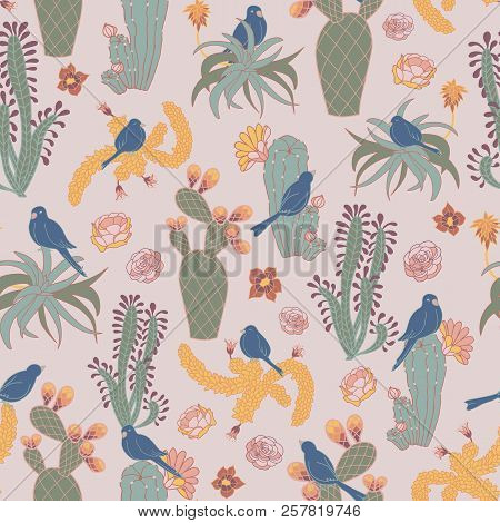 Vector Pink Blooming Desert Cactus With Flowers, Birds.  Perfect For Background, Fabric And Scrapboo