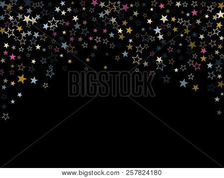 Blue Pink Gold Geometric Star Pattern Sparkle Vector. Trendy Colored Confetti Of Flying Stars, Magic