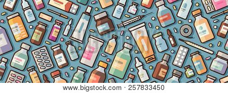 Medicine, Pharmacy Banner. Medications And Pills Background. Vector Illustration
