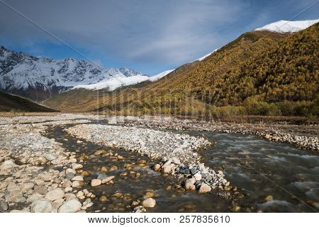 Samegrelo-zemo svaneti autumn. Enguri river and Shhara mountain, Georgia. Landscape with Main Caucasian ridge
