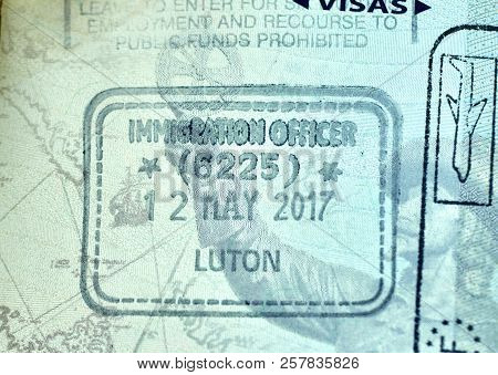 Montreal, Canada - September 8, 2018: Immigration Officer Stamp In Canadian Passport From Luton Airp