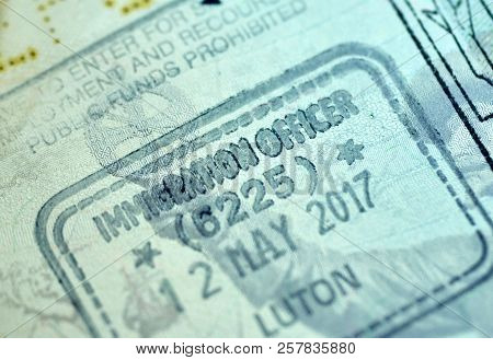 Montreal, Canada - September 8, 2018: Immigration Officer Stamp In Canadian Passport From Luton Airp