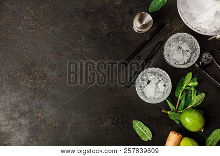 Metal ice bucket and mojito ingredients