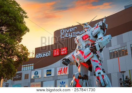 Tokyo, Japan - April 20 2018: Full-size Mobile Suit  Rx-0 Unicorn Gundam Replica From The Mobile Sui