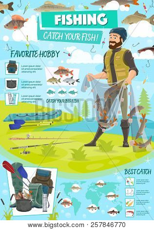 Sport Fishing Poster With Fisherman Holding Net With Fish. Equipment For Hiking And Camping, Backpac