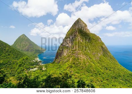 Iconic view of Piton mountains on St Lucia island in Caribbean