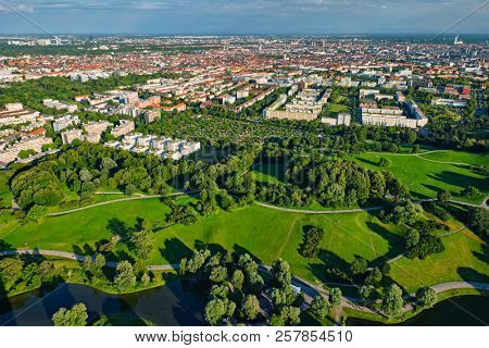Aerial view of Olympiapark from Olympiaturm (Olympic Tower). Munich, Bavaria, Germany
