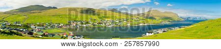 Big Panorama of Midvagur Village, Located on the south coast of the island of Vagar, Faroe Islands