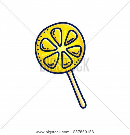 Icon With Yellow Lemon Lollipop On Stick Isolated On White Background. Dessert Vector Illustration.