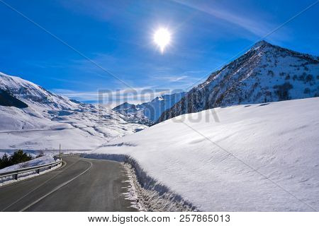Cerler Ampriu ski area road with snow in Huesca Pyrenees of Spain